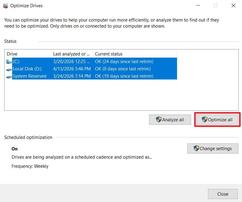 optimize all hard drive partitions