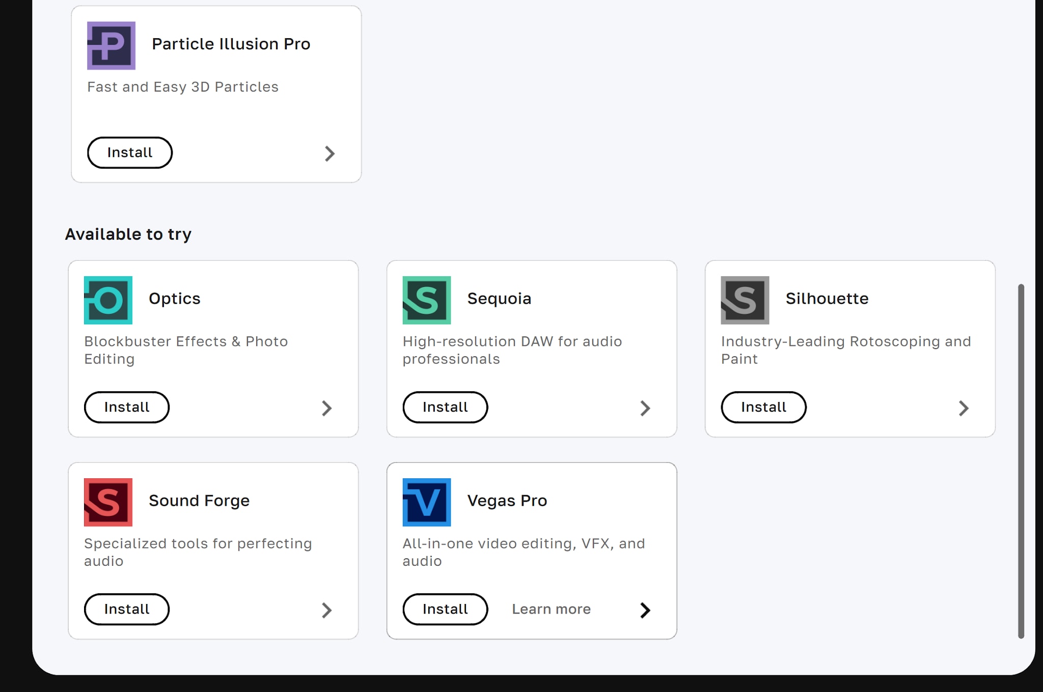 boris fx hub software list displaying vegas pro installation option