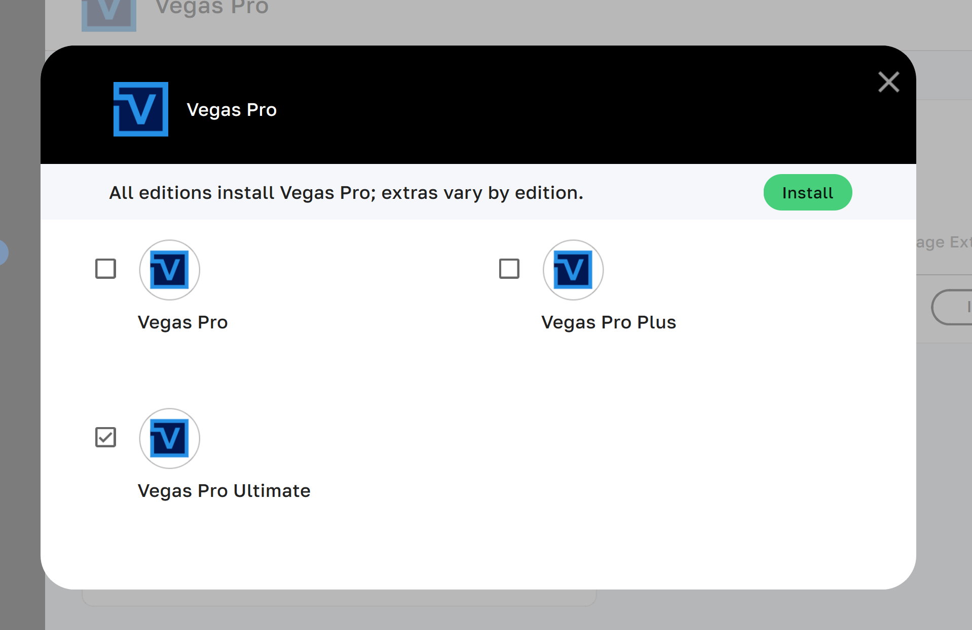 boris fx hub vegas pro 2026 edition selection dialog
