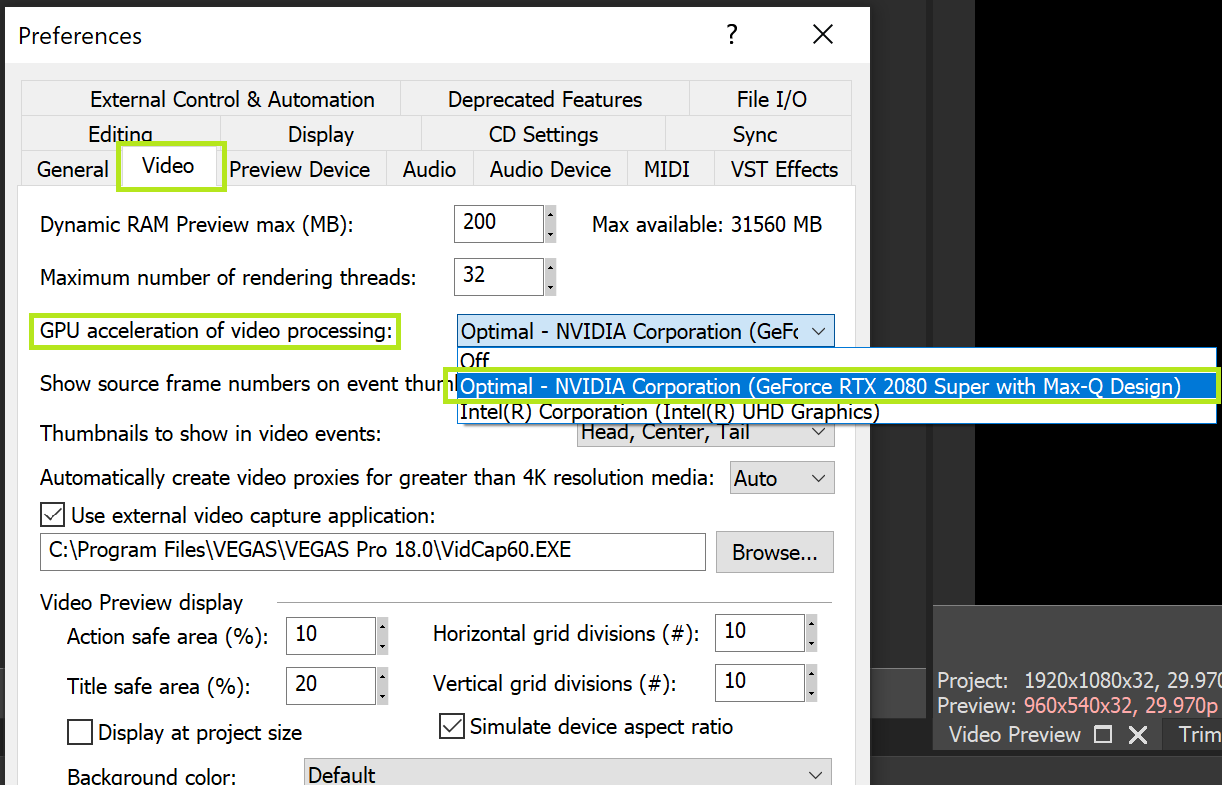 vegas pro gpu acceleration setting in the preferences video tab older interface