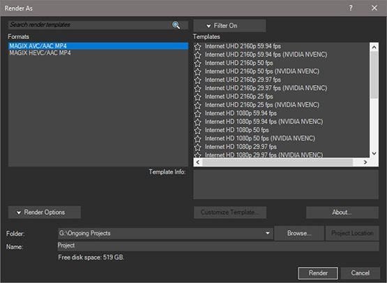 vegas pro render as dialog displaying avc video templates