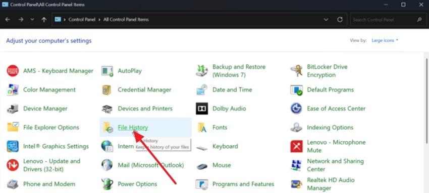 locate file history control panel