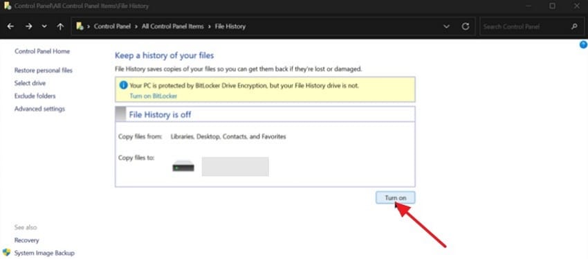 turn on file history