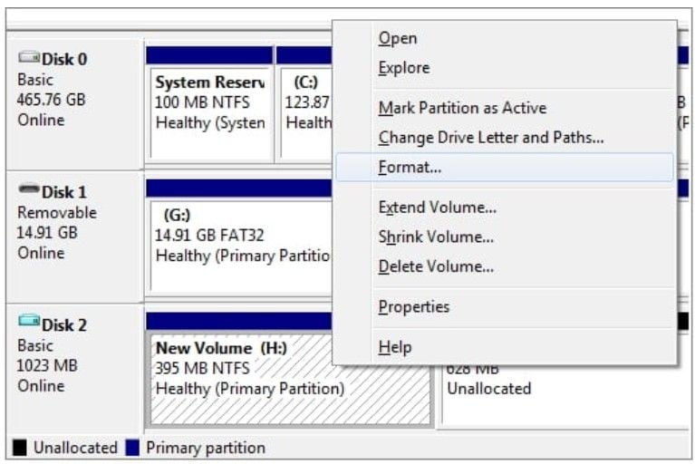 the format ssd option in disk management
