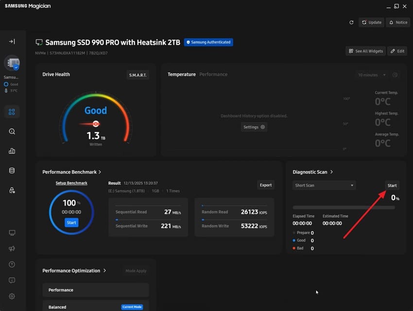 run samsung magician diagnostic scan