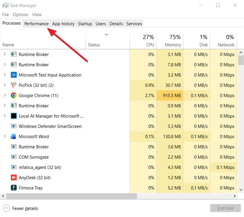 access task manager performance tab