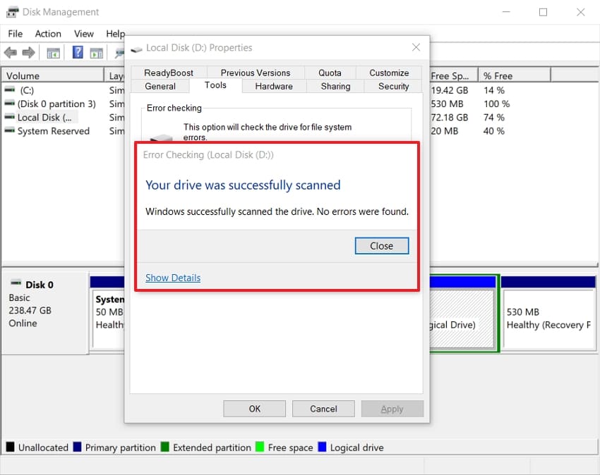 review ssd errors check results