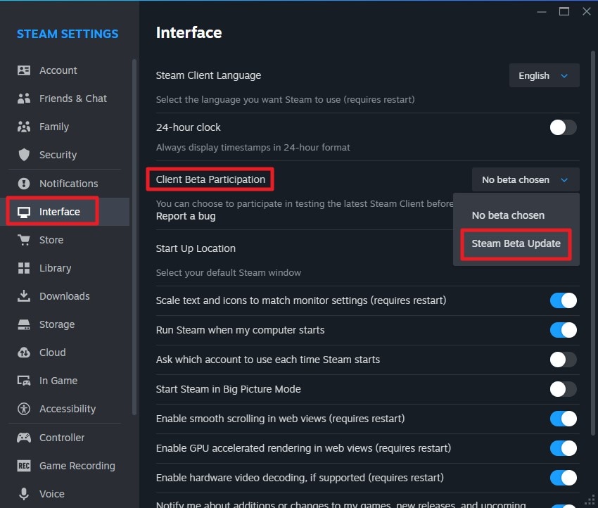 select steam beta update