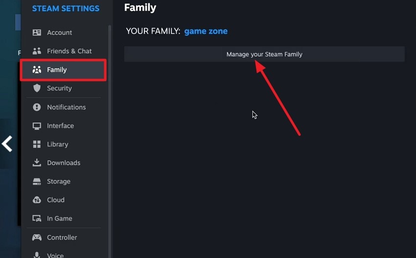 choose manage your steam family