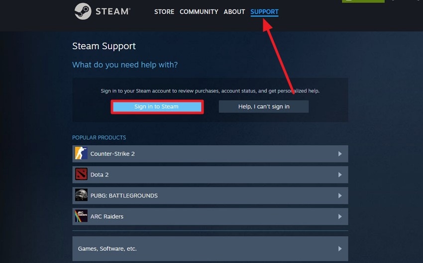 open browser access steam support page