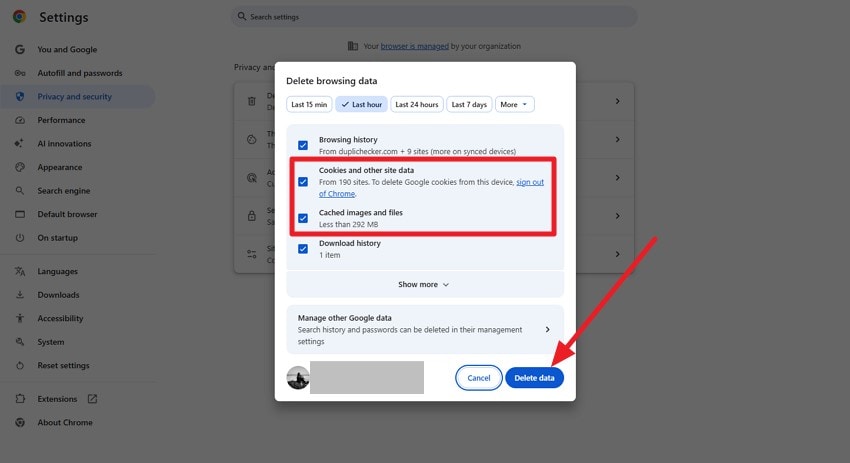 choose cookie and cache press delete
