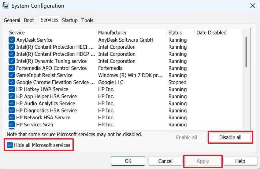 hide microsoft services before clean boot