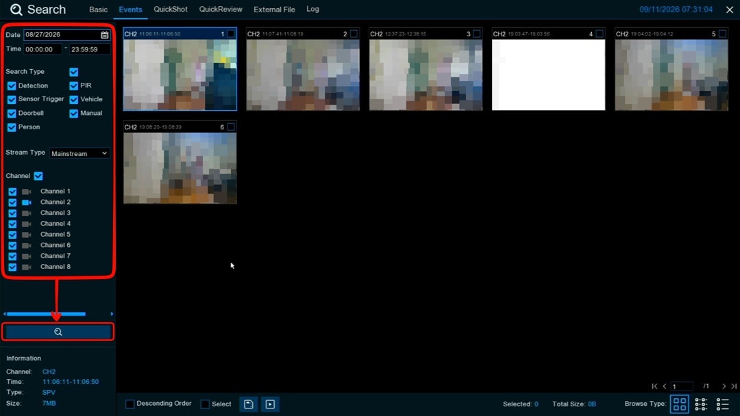 swann recorder search screen showing date range camera channels and recording results
