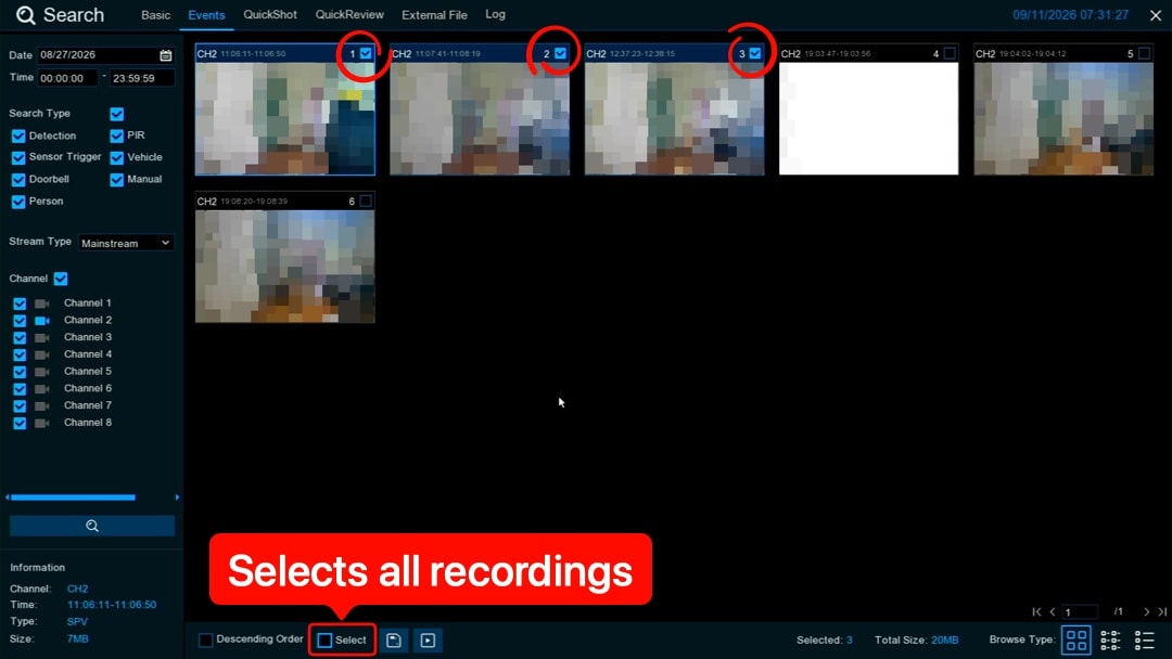 swann recorder recording search results with multiple video clips selected