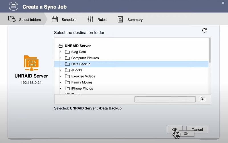 hybrid backup sync choosing destination folders