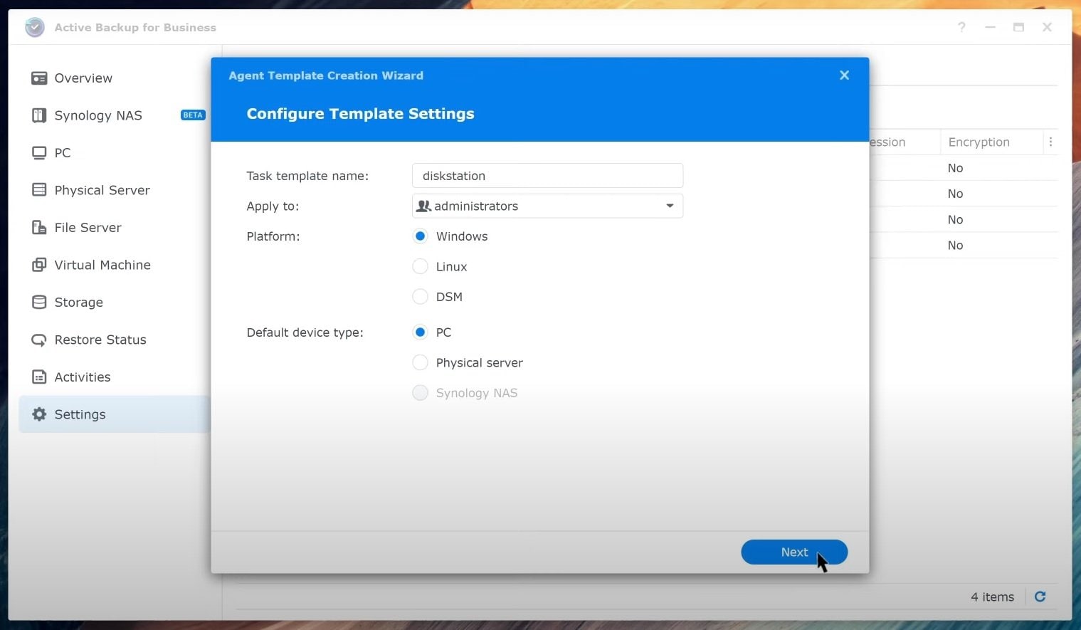 template settings in synology active backup