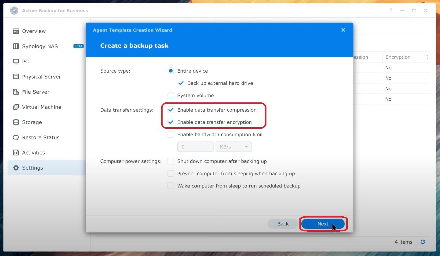 configure tasks in synology active backup