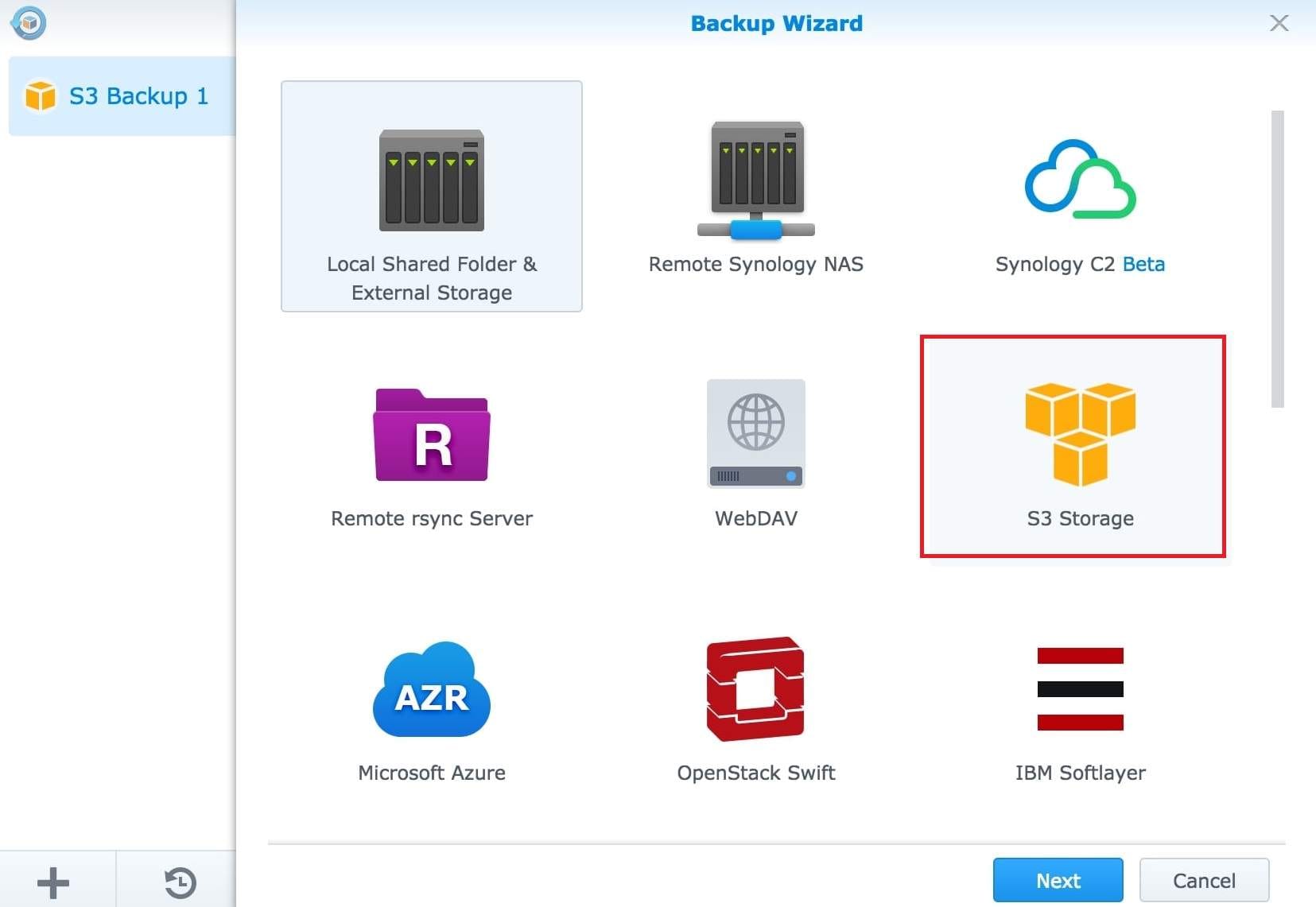 select the s3 storage option