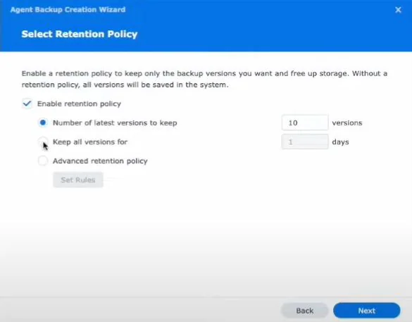 retention policy for windows server backup