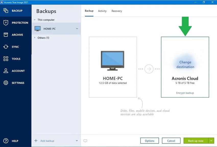 change destination for acronis true image backup to synology nas