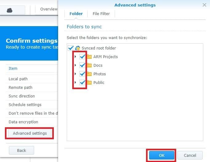 advanced settings cloud backup synology