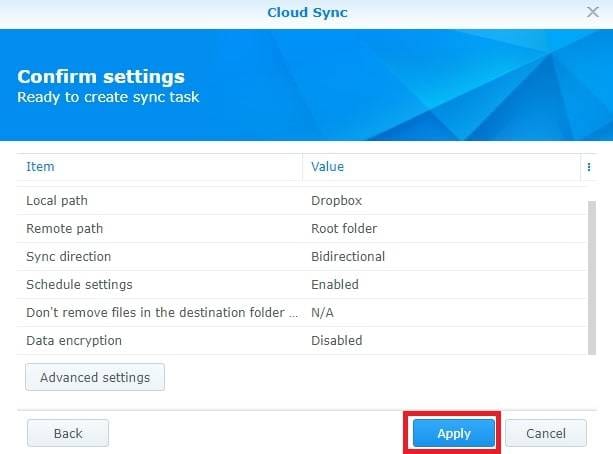 confermare le impostazioni di synology cloud backup