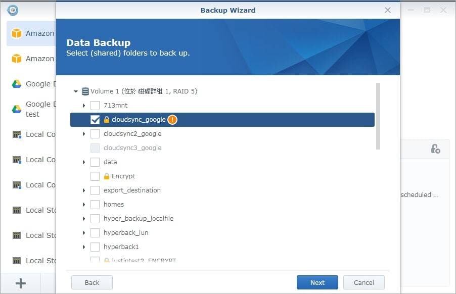 scegliere la cartella di origine di synology