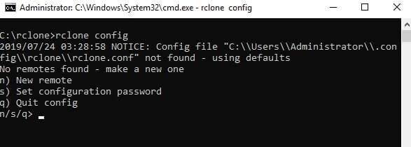 eseguire il comando rclone config