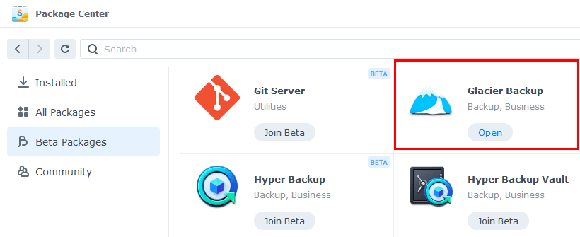 select the glacier backup