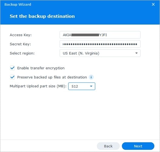 impostazione della destinazione di backup di synology