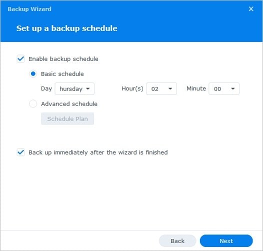 configuração do agendamento de backup