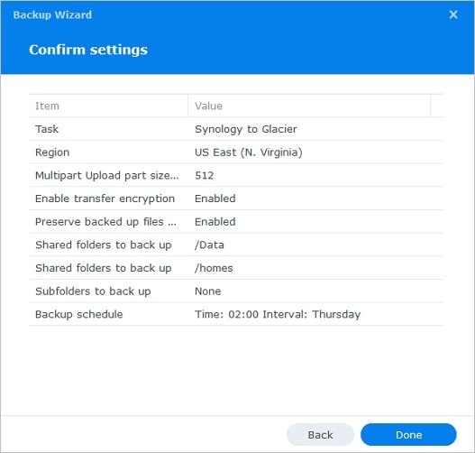 confirmer les paramètres de sauvegarde synology vers glacier