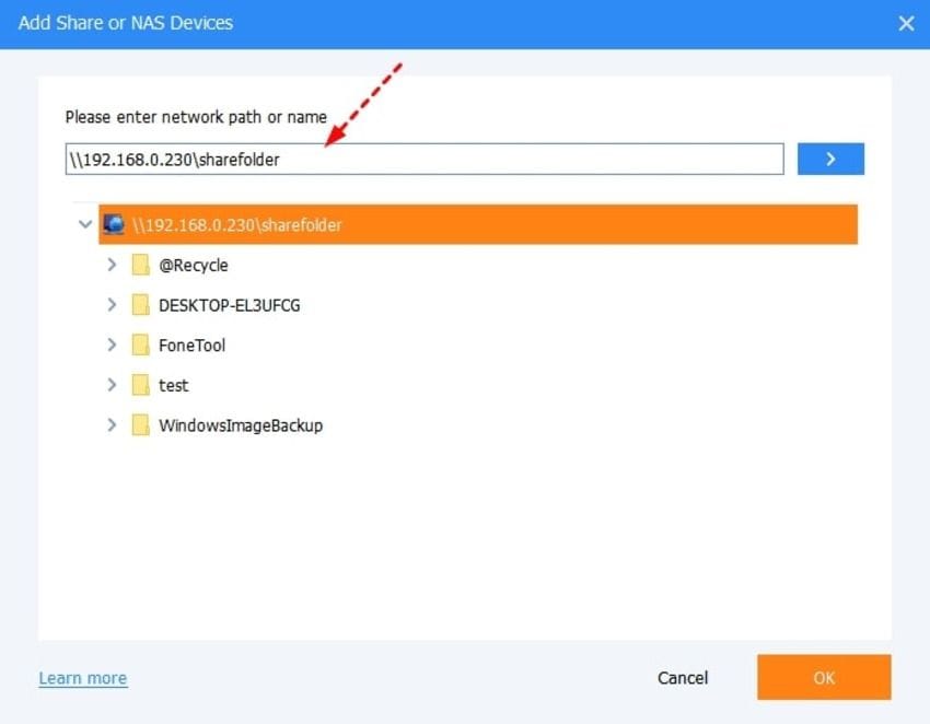 insira o caminho de rede do synology nas