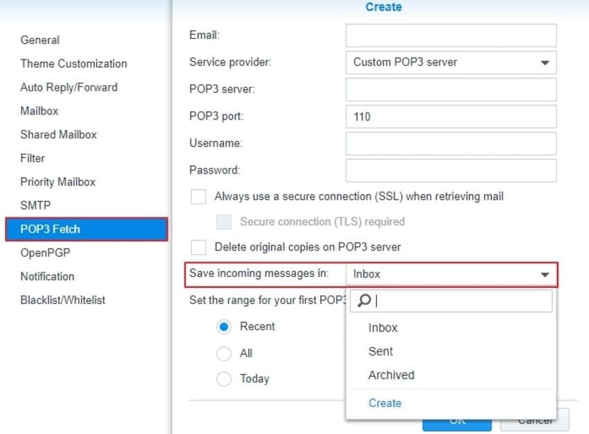 pop3 fetching para synology email backup
