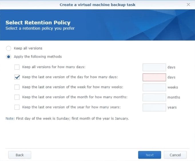 selecting synology vmware backup retention policy