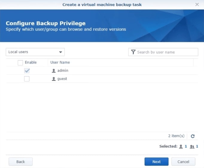 configuring synology vmware backup privilege