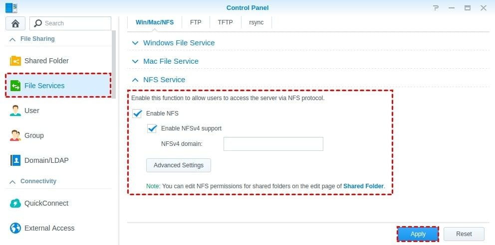 enable nfs for synology vmware setup