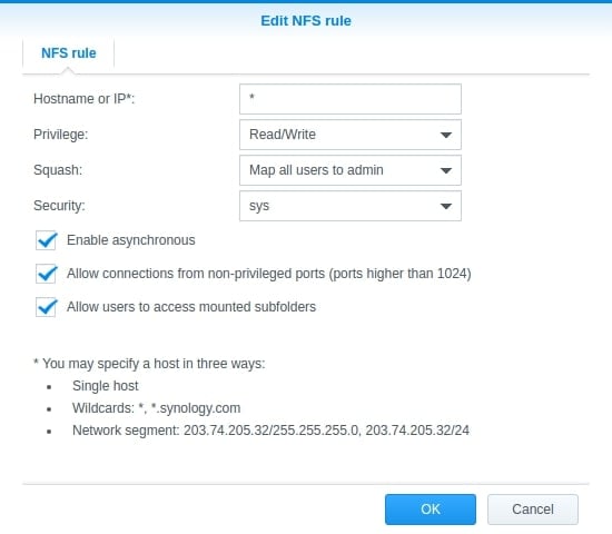 editing nfs rules for synology vmware