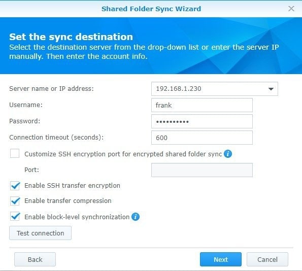 set the destination synology nas to sync