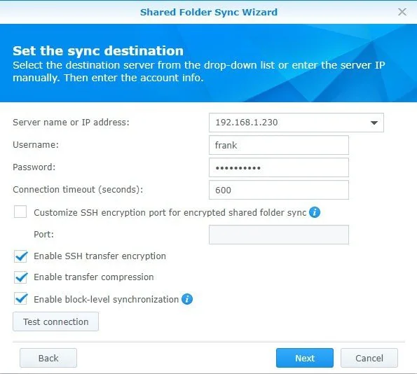 definir o nas da synology de destino para sincronizar