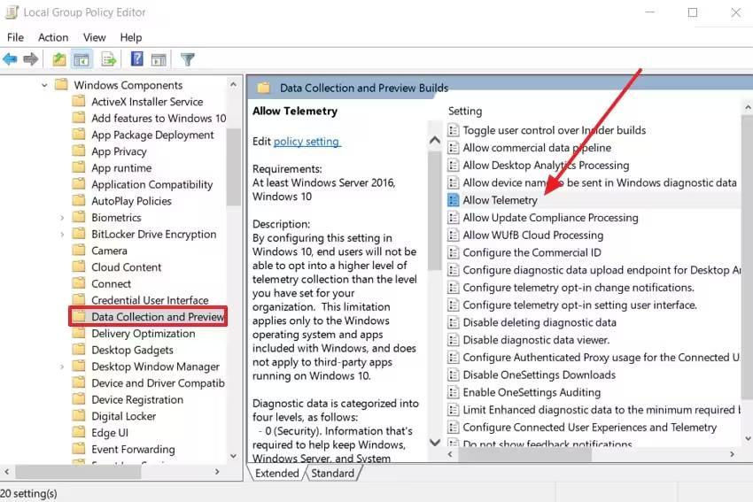 navigate to telemetry settings