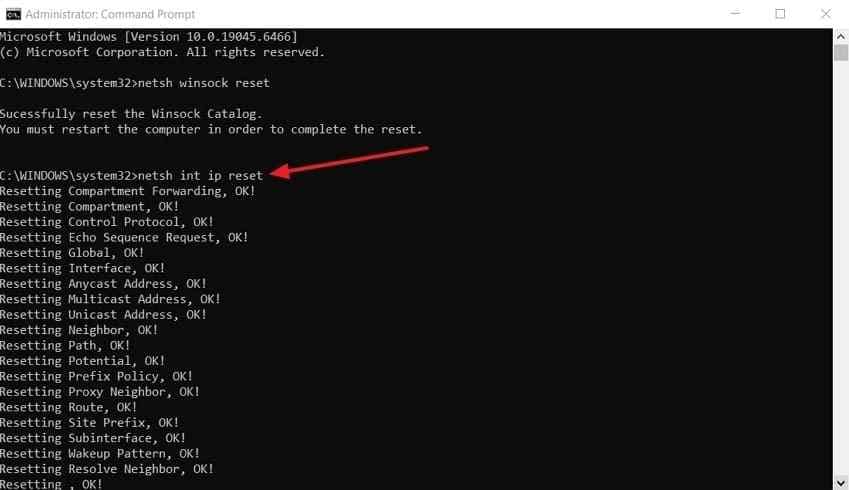 reset netsh int ip cmd