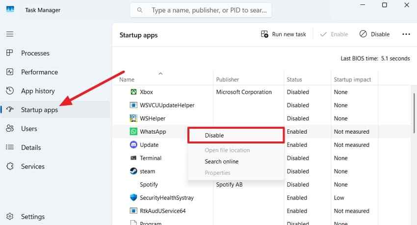 disable startup services task manager