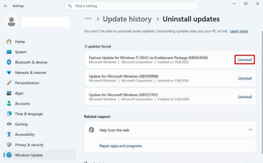 uninstall recently installed windows updates