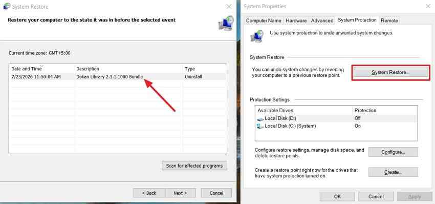 restore system changes with restore point