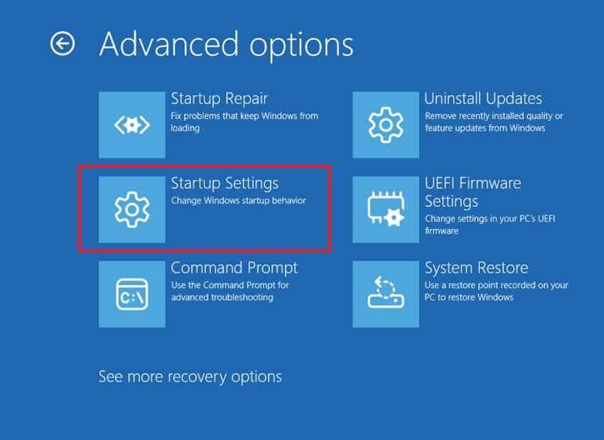 access startup settings winre