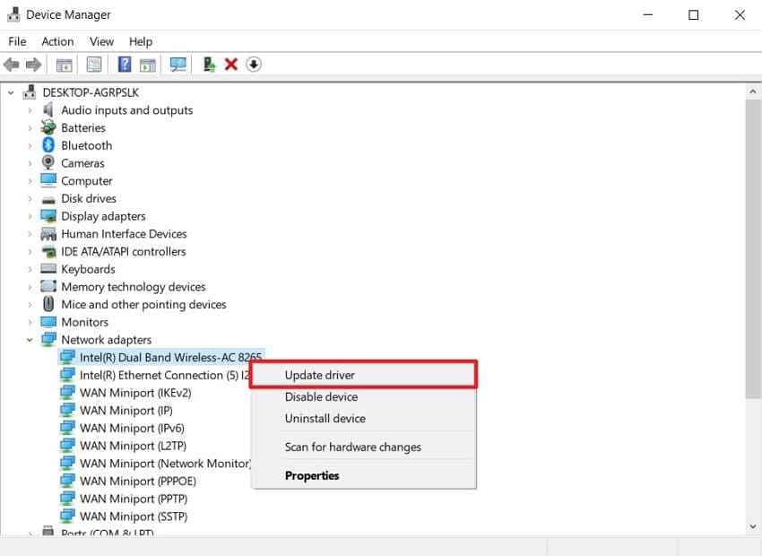update the network adapter driver