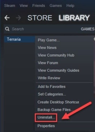 Deinstallieren Sie Terraria aus der Steam-Bibliothek