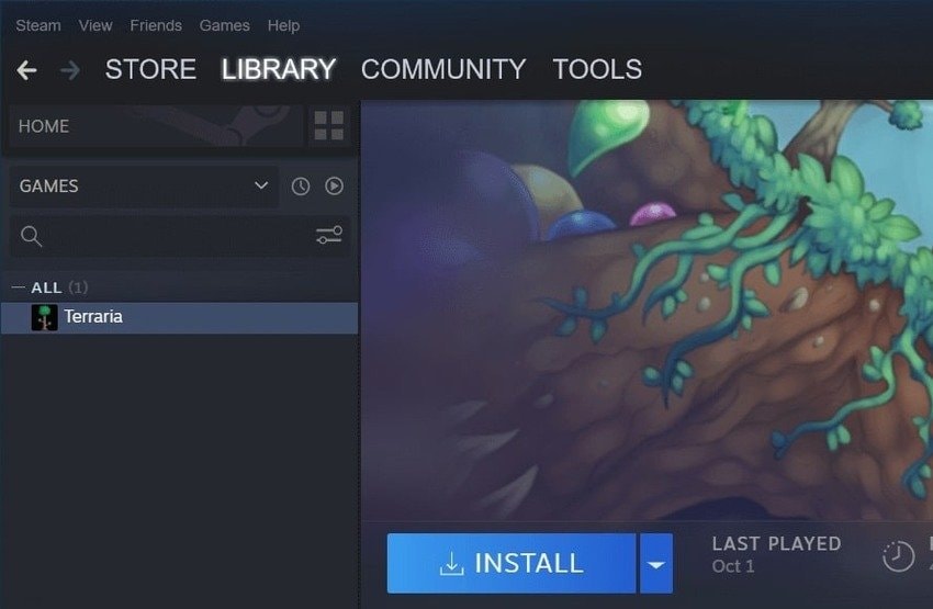 reinstall terraria in the steam library