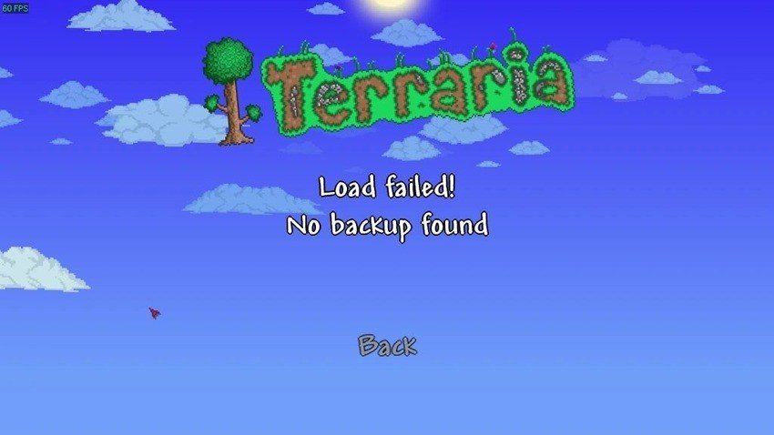 terraria load failed, no backup found